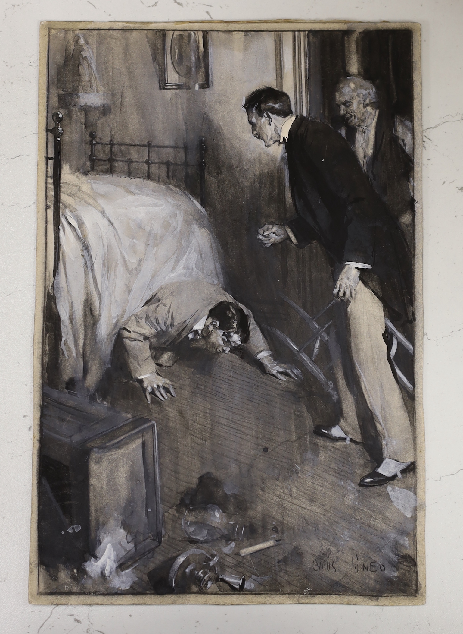 Cyrus Cincinato Cuneo ROI (1879-1916), gouache on card, 'The Reporter then re-appeared - he was on all fours', original illustration, signed, 24 x 16cm, unframed